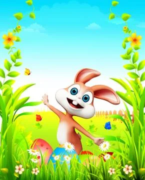 Easter Bunny jumping in the garden with eggs Stock Illustration