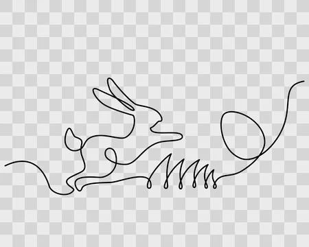 Easter Bunny jumping on the lawn and Easter Egg One Continuous line Easter Stock Illustration
