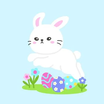 Easter Bunny Jumping Over Decorated Eggs with Spring Flowers Stock Illustration