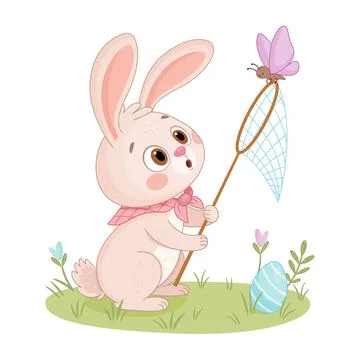 Easter Bunny with a landing net flat style isolated icon. Rabbit or hare spring Illustrazione stock