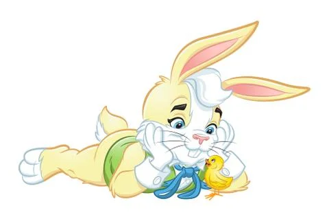 Easter Bunny Laying Down with Chick Stock Illustration