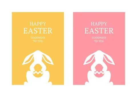 Easter bunny long ears holding ornamental chicken egg greeting card set des.. Stock Illustration