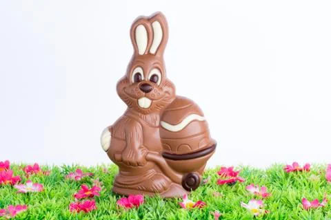 Easter bunny made of chocolate with easter egg on a green meadow with flowers Stock Photos
