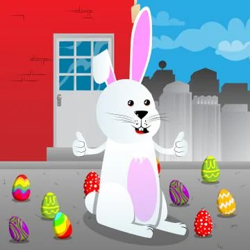 Easter bunny making thumbs up sign with two hands. Vector cartoon character i Illustrazione stock