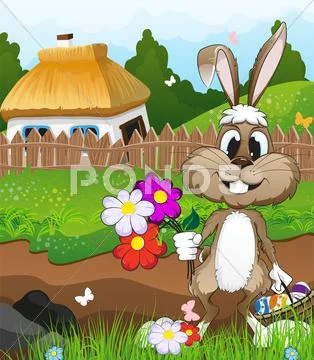 Easter bunny near a farmhouse Stock Illustration