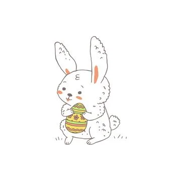 Easter bunny or rabbit with egg in paws, hand drawn vector illustration isolated Stock Illustration