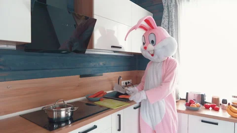Easter Bunny or rabbit preparing for celebrate Happy easter. Man in adult giant Video stock 145687403