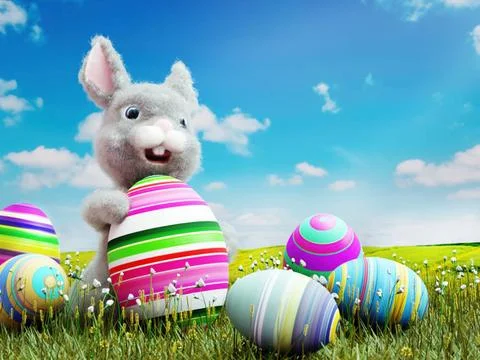 Easter bunny with painted eggs 3D rendering of Easter bunny sitting in the... Stock Photos