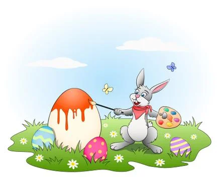 Easter bunny painting colored eggs Stock Illustration