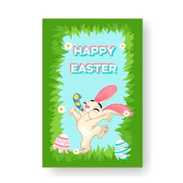 Easter bunny with a party blower is jumping in the grass, Happy Easter card イラスト素材