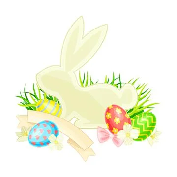 Easter Bunny with Paschal Eggs Rested in Green Grass with Spring Flowers and Stock Illustration