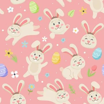 Easter bunny pattern with cute flowers and eggs. Hand drawn flat cartoon Иллюстрация