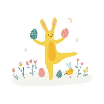 Easter bunny playing with eggs isolated on white background. Rabbit animal for Stock Illustration