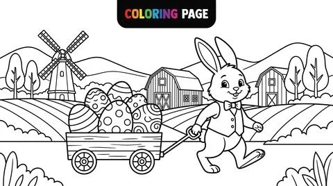 Easter Bunny Pulling Wagon Full of Decorated Eggs on Farm Coloring Page. Stock Illustration