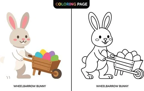 Easter Bunny Pushing Wheelbarrow Full of Colorful Eggs Coloring Page. Stock Illustration
