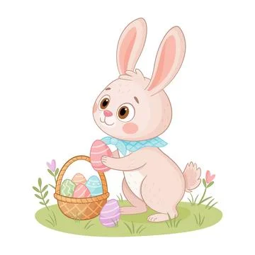 Easter bunny puts eggs in a basket flat style isolated icon. Rabbit or hare Stock Illustration