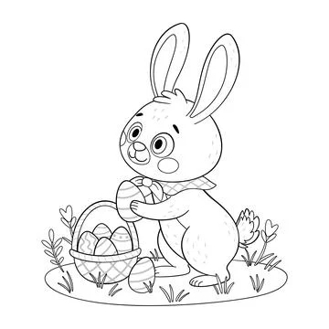 Easter bunny puts eggs in a basket coloring page. Rabbit or hare animal coloring Stock Illustration