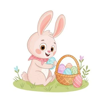 Easter bunny puts eggs in a basket flat style isolated icon. Rabbit or hare Stock Illustration