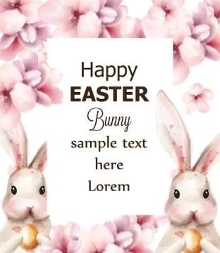 Easter bunny rabbit and cherry flowers Vector. Cute pet holiday card on white Stockillustratie