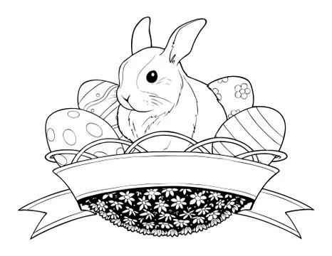 Easter bunny rabbit in basket with eggs Stock Illustration
