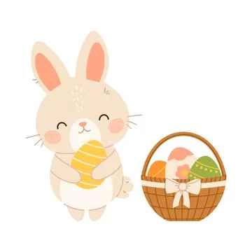 Easter bunny rabbit with basket of eggs. Flat vector isolated illustration Illustrazione stock
