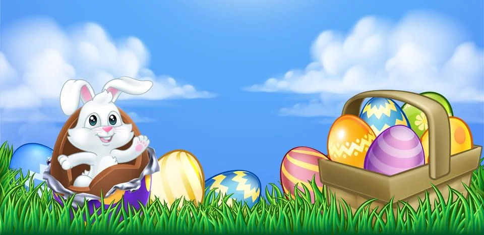 Easter Bunny Rabbit Breaking Chocolate Egg Scene Stock Illustration