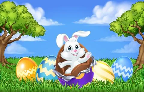 Easter Bunny Rabbit Breaking Chocolate Egg Scene Stock Illustration