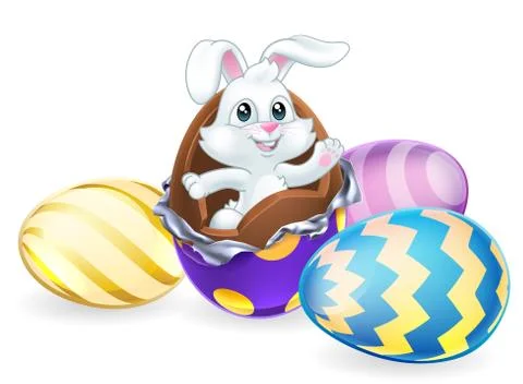 Easter Bunny Rabbit Breaking Chocolate Egg Cartoon Stock Illustration