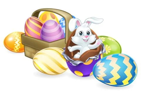 Easter Bunny Rabbit Breaking Out of Chocolate Eggs Stock Illustration