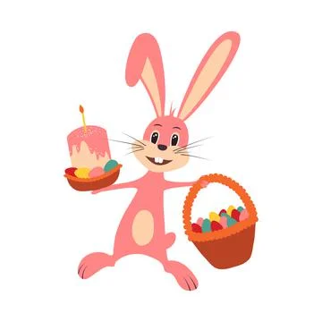 Easter bunny rabbit with Easter basket full of decorated Easter eggs Stock Illustration