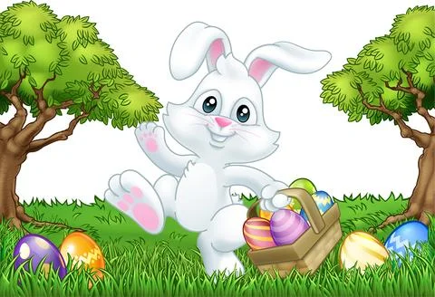 Easter Bunny Rabbit Eggs Basket Background Cartoon Stock Illustration