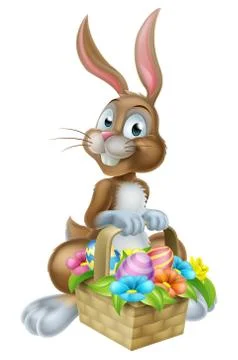 Easter Bunny Rabbit with Eggs Hamper Basket Stock Illustration