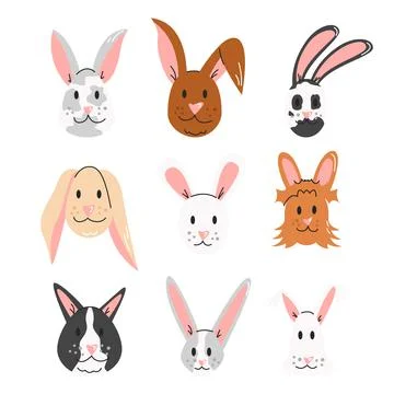Easter bunny, rabbit faces isolated on white background. Set Stock Illustration