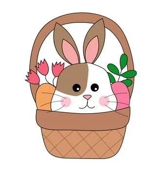 Easter Bunny. The rabbit sits in basket with flowers and eggs. Stock Illustration