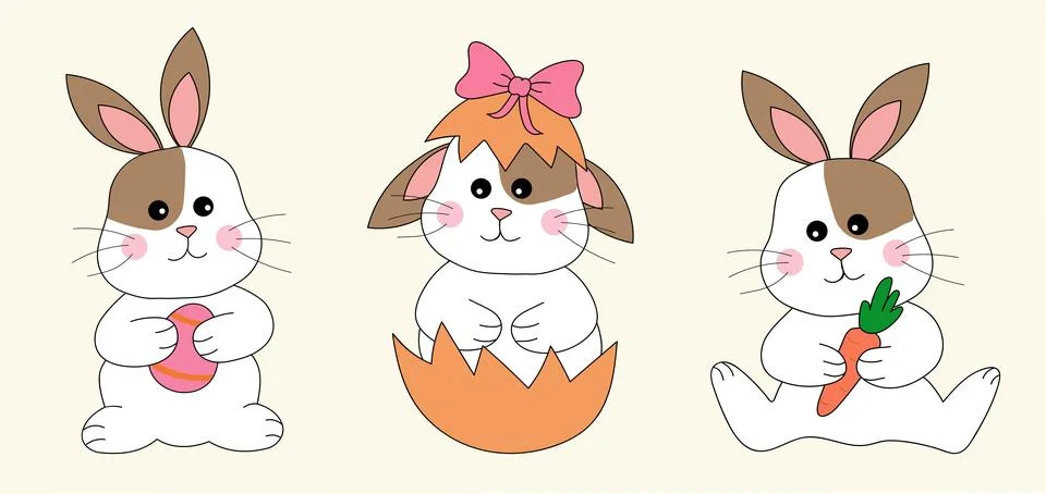 Easter Bunny Rabbits Set. Rabbit with Easter egg and carrot, sits in shell Stock Illustration