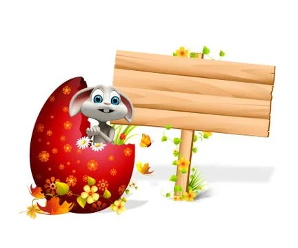 Easter bunny with red big egg and wooden sign Illustrazione stock