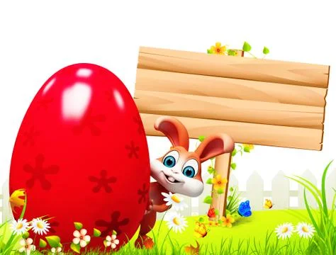 Easter bunny with red big egg and wooden sign Stock Illustration