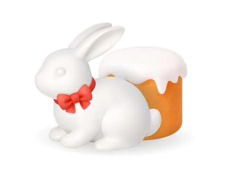 Easter bunny with red bow and festive cake. 3D spring holiday illustration Illustrazione stock