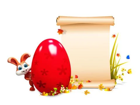 Easter bunny with red egg and white sign Stock Illustration