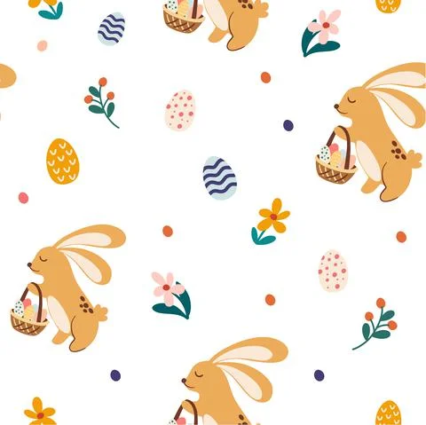 Easter bunny seamless pattern. Cute rabbit with a wicker basket and eggs. Spr Illustrazione stock