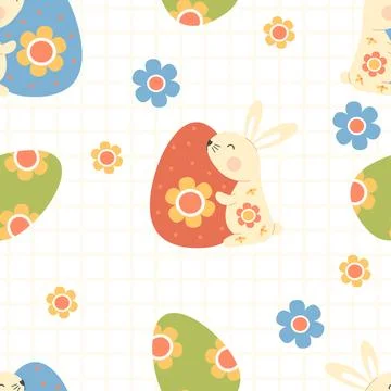 Easter Bunny Seamless pattern. Cute paschal rabbit with decorative Egg on w.. Stock Illustration
