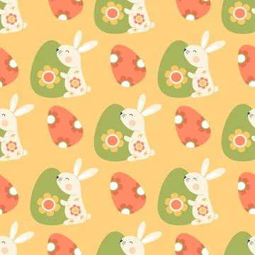 Easter bunny Seamless pattern. Cute paschal rabbit with decorative Egg on y.. Stock Illustration