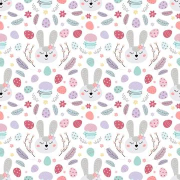 Easter bunny seamless pattern. Pattern with Easter rabbit, eggs, cake, feathers. Illustrazione stock