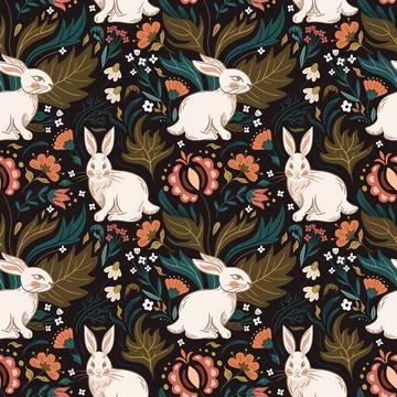 Easter bunny seamless pattern. Slavic flowers and wild herbs. Vintage folk Stockillustratie