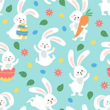 Easter bunny seamless pattern. Toddler bunnies, spring flourish festive Stock Illustration