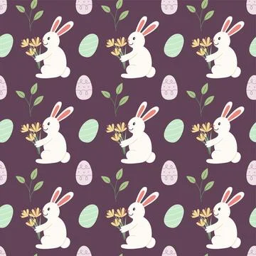 Easter bunny seamless pattern vector. Cute flat rabbit with flower and decorated Stockillustratie