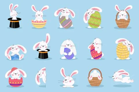 Easter bunny set graphic elements in flat design. Bundle of cute white rabb.. Stock Illustration