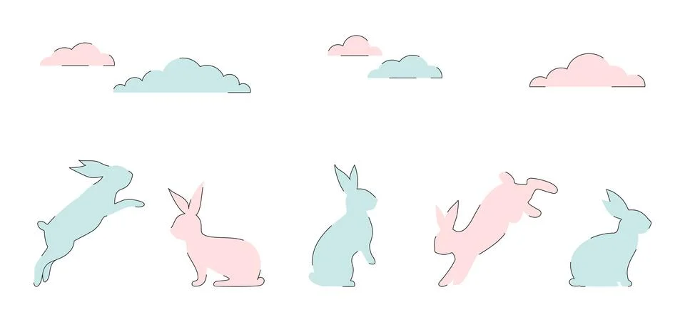 Easter bunny set in minimalist linear style. Cute rabbits and clouds Stock Illustration