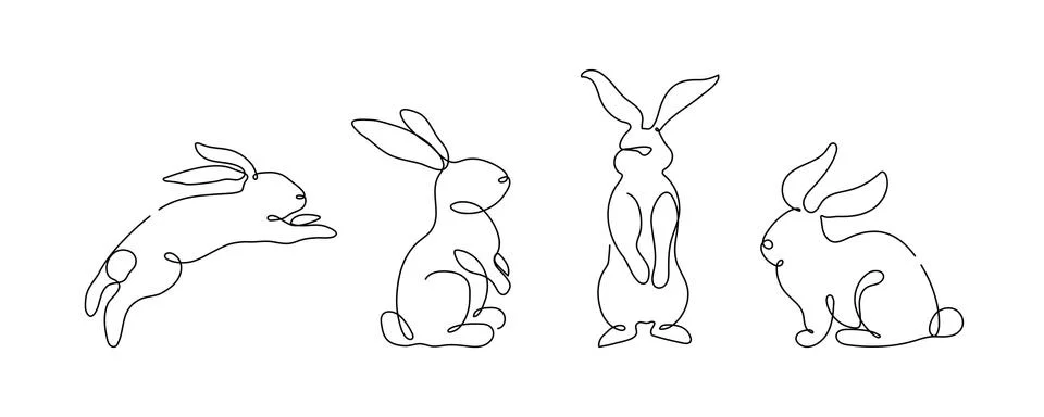 Easter bunny set in simple one line style. Rabbit icon. Black and white minimal Stock Illustration
