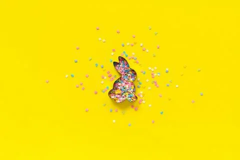 Easter Bunny shape form and scattering multicolored confectionery topping dre Stock Photos